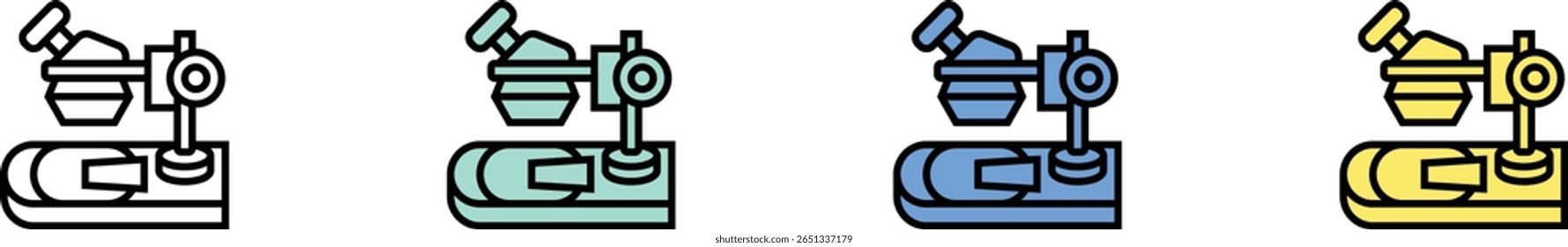 ícone do microscópio. Contorno, Design de estilo verde, azul e amarelo isolado no plano de fundo branco