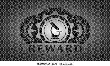 microscope icon and Reward text black abstract realistic badge. Pattern graceful background. Intense illustration. 