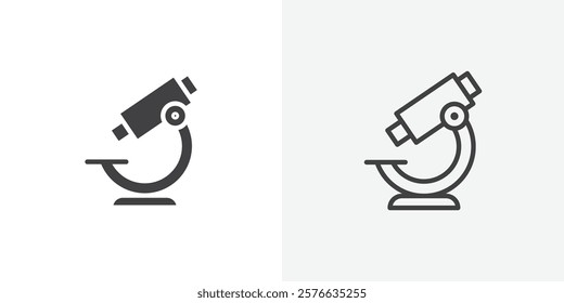 Microscope icon set in black flat solid and outlined style.