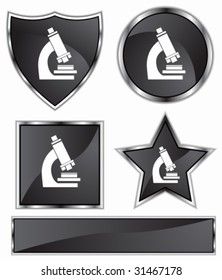 Microscope Icon Set : Black satin and chrome buttons in star, shield, circle and square shapes.