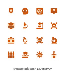 microscope icon set. Collection of 16 filled microscope icons included Flask, Virus, Education, Ampoule, Microscope, Medical, Research, Fossil, Saline