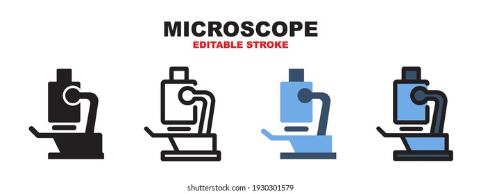 Microscope icon set with different styles. Colored vector icons designed in filled, outline, flat, glyph and line colored. Editable stroke and pixel perfect. Can be used for web, mobile, ui and more.
