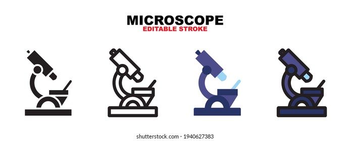 Microscope icon set with different styles. Colored vector icons designed in filled, outline, flat, glyph and line colored. Editable stroke and pixel perfect. Can be used for web, mobile, ui and more.