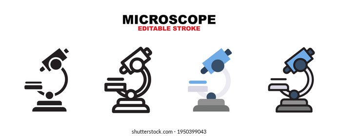 Microscope icon set with different styles. Icons designed in filled, outline, flat, glyph and line colored. Editable stroke and pixel perfect. Can be used for web, mobile, ui and more.