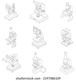 Microscope icon set. Isometric set of microscope vector icons outline thin lne isolated on white