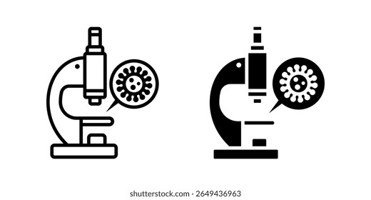 Conjunto de ícones do microscópio. Ilustração minimalista em arte linear e ilustração em preto sólido de um microscópio mostrando um vírus sob ampliação. Adequado para uso em contextos científicos e médicos.