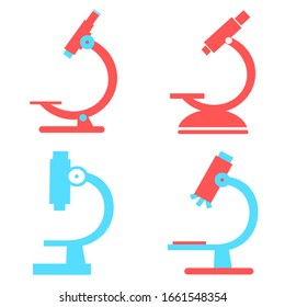 Microscope icon set. Symbol of science, chemistry, pharmaceutical instrument, microbiology magnifying tool. Microscope flat style for graphic design template. Suitable for logo, web, UI, mobile app. 