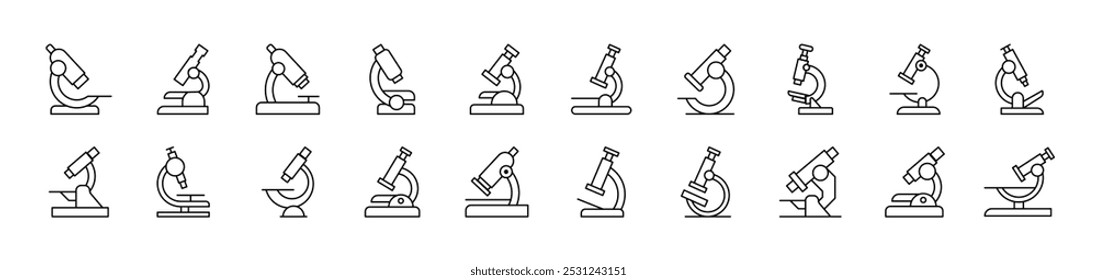Microscope Icon Set for UI, Placards, Books, Apps. Editable Stroke. Suitable for Web Sites, Books, Cards, Apps