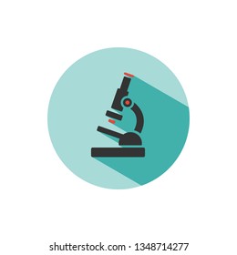 Microscope icon with shadow on a green circle. Science and research