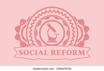 microscope icon and social reform text Pink stroke realistic badge. Rose color graceful background. Intense illustration. 