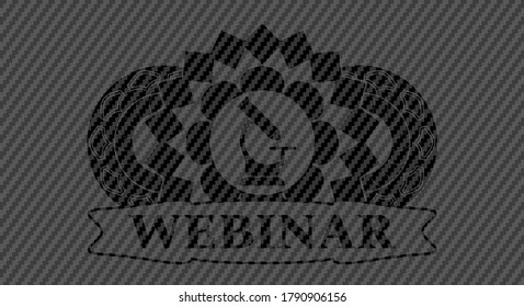 microscope icon and Webinar text carbon fiber dark badge. Polymer texture exquisite background. Vector illustration. 