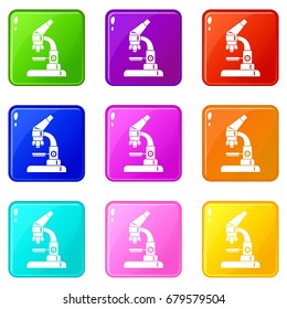 Microscope icons of 9 color set isolated vector illustration