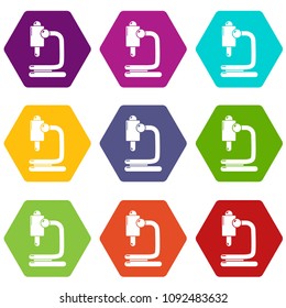 Microscope icons 9 set coloful isolated on white for web