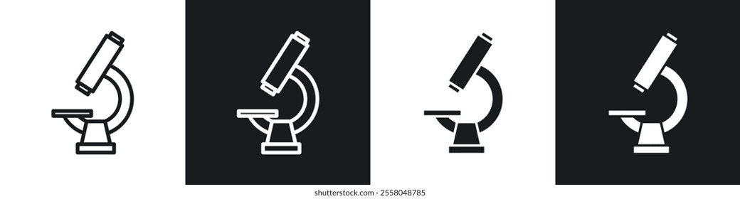 Microscope icons pack in black and white filled and outlined versions.