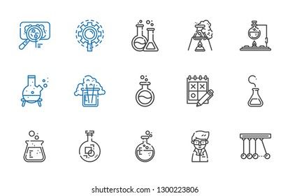 microscope icons set. Collection of microscope with newton, scientist, flask, trial, research, virus. Editable and scalable microscope icons.