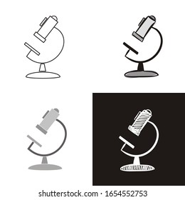 Microscope icons set isolated on white background. Hand-drawn contour icon in doodle style, flat and chalk on a black board. Vector object for the theme of learning, school, education or science.