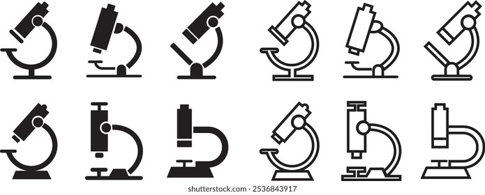 Conjunto de ícones do microscópio. Investigação e ciência, microbiologia, conceito de investigação médica. Plana e linha Designs Healthcare Microscope tanque de guerra vetores com Sombra Lateral isolado no fundo transparente.