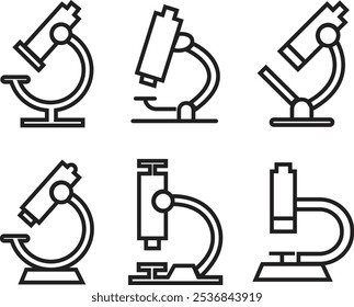 Conjunto de ícones do microscópio. Investigação e ciência, microbiologia, conceito de investigação médica. Vetores de silhueta de tanque de guerra Microscópio de Saúde com Sombra Lateral isolada no fundo transparente.