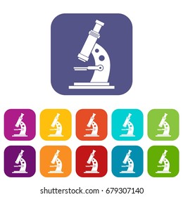 Microscope icons set vector illustration in flat style In colors red, blue, green and other