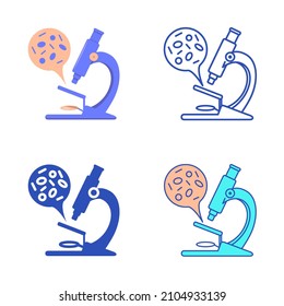 Microscope with infection microorganisms sample icon set in flat and line style. Laboratory research and analysis symbol. Vector illustration.