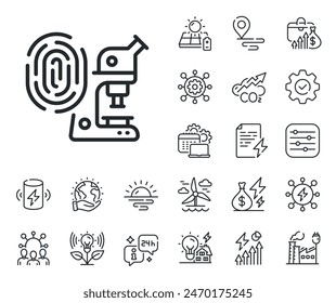 Microscope investigation sign. Energy, Co2 exhaust and solar panel outline icons. Fingerprint research line icon. Biometric identity symbol. Fingerprint research line sign. Vector