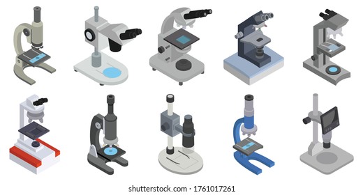 Microscope isolated isometric set icon. Vector illustration laboratory equipment on white background. Vector isometric set icon microscope.