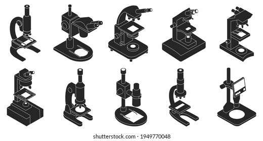 Microscope isolated isometric set icon. Vector illustration laboratory equipment on white background. Vector isometric set icon microscope.