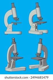 A microscope is isolated on a blue background and displayed from various angles. Science laboratory items. Pharmaceutical instrument.