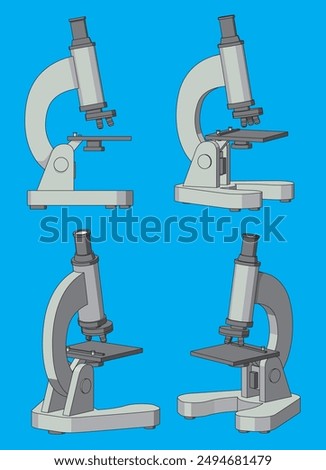 A microscope is isolated on a blue background and displayed from various angles. Science laboratory items. Pharmaceutical instrument.
