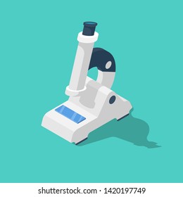 Microscope isometric 3d icon. Medical biological diagnostics, laboratory education. Research concept. Vector illustration flat design. Isolated on background.