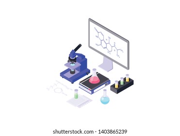 Microscope isometric color vector illustration. Chemical laboratory equipment infographic. Molecular biology, biochemistry research test tubes, liquid, flask, chemical molecule 3d concept