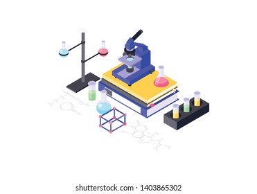 Microscope isometric color vector illustration. Chemical laboratory equipment infographic. Biochemistry, molecular biology test tubes, flask, jars and bottles with liquid, dropper 3d concept