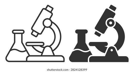 microscope and laboratory flask flat line and glyph icon set scientific research equipment on transparent background