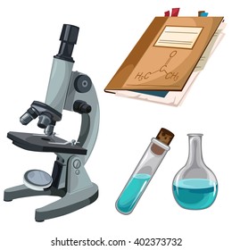 Microscope and laboratory glassware isolated on a white background. Vector cartoon close-up illustration