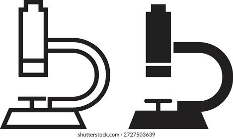 Mikroskop-Laborsymbol in schwarzen Flach- und Umrissformaten. Sammlung von Symbolen für medizinische Forschungsausrüstung, Gruppe von Lehrmitteln für Biologie und Naturwissenschaften, Vektorgrafik für Labortechnologiedesigns.