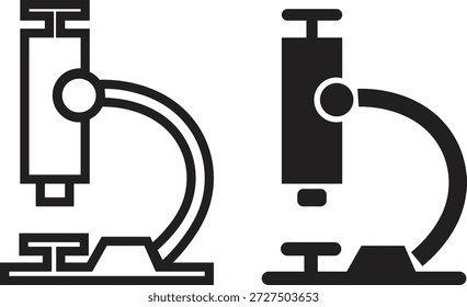 Microscope laboratory icon set in black flat and outline styles. Medical research equipment symbols collection, biology science education tool group, vectors illustration for lab technology designs.