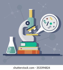 Microscope in the laboratory on a pile of books.Study of the simplest organisms. Objects isolated on background. Flat vector illustration.