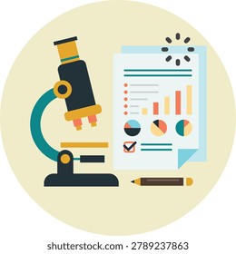 Microscope with laboratory research report and data charts for scientific analysis icon