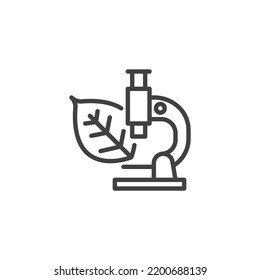 Microscope and leaf line icon. linear style sign for mobile concept and web design. Biology research outline vector icon. Symbol, logo illustration. Vector graphics