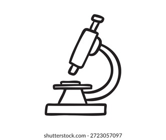 Microscopio, doodle de la escuela del arte de la línea, contorno del contorno, monocromo, dibujado a mano. Ilustración vectorial.