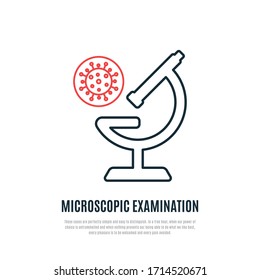 Microscope line icon. Microscopic examination of Covid-19 bacteria. Stock vector illustration.