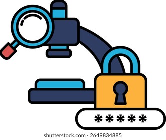 A microscope with a lock on it. The lock is yellow and the microscope is blue