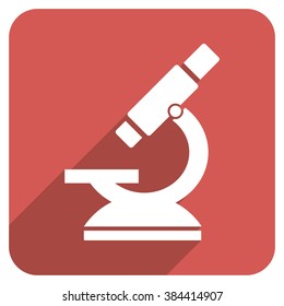 Microscope long shadow vector icon. Style is a flat symbol on a red rounded square button.
