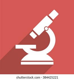 Microscope long shadow vector icon. Style is a flat light symbol on a red square background.