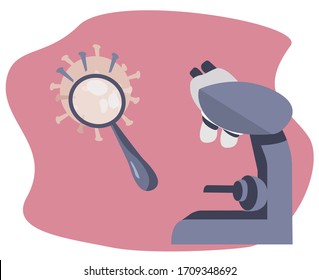 Microscope and Magnifying Glass. Microscope and Huge  Laboratory Equipment in the Hospital, Clinic or Labor. Big Coronavirus or Virus. Flat Vector Illustration