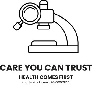A microscope with a magnifying glass on it. The text below the image says "Care you can trust" and "Health comes first"