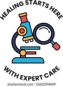 Un microscopio con una lupa. El texto debajo de la Imagen dice "La curación comienza aquí" y "Con cuidado experto"
