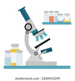 Microscope with medical bottles with different colored liquid