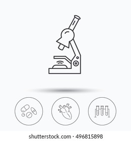 Microscope, medical pills and heart icons. Lab bulbs linear sign. Linear icons in circle buttons. Flat web symbols. Vector