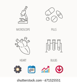 Microscope, medical pills and heart icons. Lab bulbs linear sign. Calendar, Graph chart and Cogwheel signs. Download colored web icon. Vector